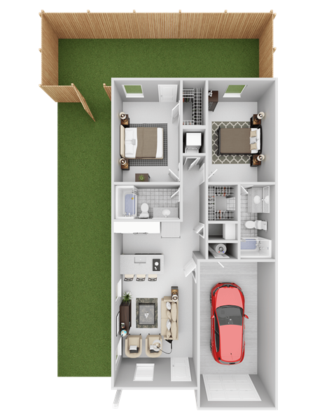 Floor plan for 2 beds, 2 baths, 933 sqft